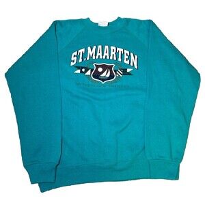 Vintage Hanes Activewear Men’s Large Teal St. Maarten Crewneck Sweatshirt 90s